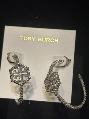Tory Burch Silver Beaded Logo Drop Earrings